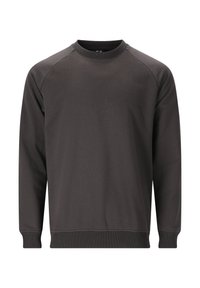 Sweatshirt gris foncé avec un col rond, des manches raglan longues, des poignets et un ourlet côtelés. Fabriqué en tissu lisse avec une couleur unie.