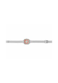 Montre en métal couleur argent avec un boîtier carré et un cadran à motif floral coloré. Le bracelet présente un design tissé, améliorant la flexibilité et le confort.