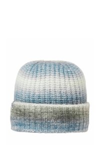 Virkat mössa i gradient av blå, grå och vita nyanser. Mjuk textur med en vikbar kant. Enkel, rundad design som passar för avslappnad användning.