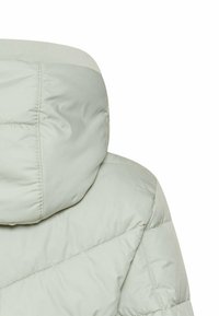 Light green padded jacket with a high collar and stitched detailing. Smooth texture, featuring a quilted pattern and elastic accents.