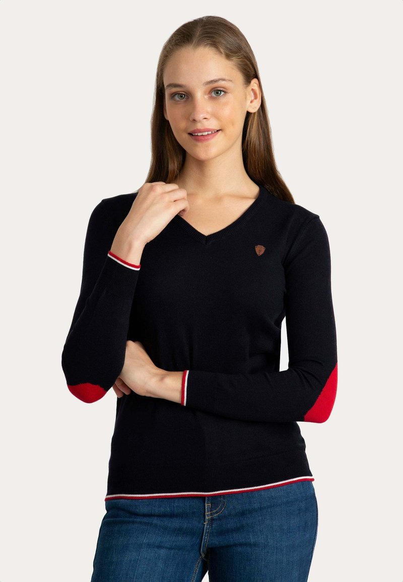 Jacey Quinn V-NECK WITH ARM PATCH - Jumper - black red/black - Zalando