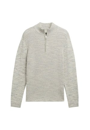 Light gray pullover sweater with a zippered mock neck. Features textured knit design and ribbed cuffs. Soft, medium-weight fabric.