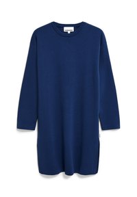 Vestito lungo navy a maniche lunghe realizzato in tessuto lavorato a maglia, con scollatura a girocollo e spacchi laterali per facilitare i movimenti.