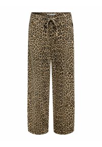Pantalones de pierna ancha con estampado de leopardo, fabricados en tejido suave, con una cintura elástica y cordón ajustable, en tonos neutros de marrón claro y negro.