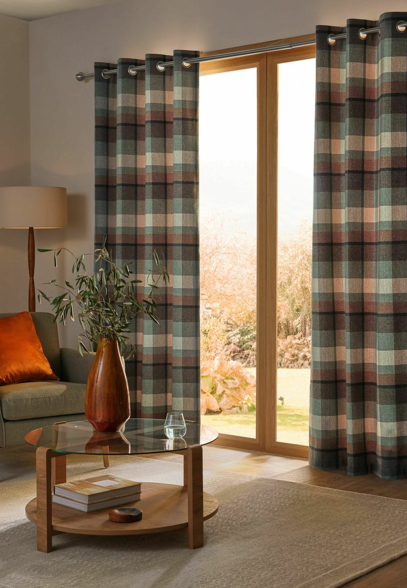 Next BRUSHED CHECK EYELET CURTAINS - Vorhang - teal blue orange/petrol