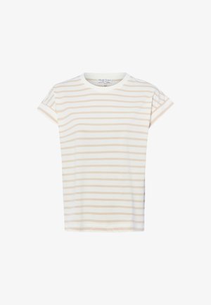 White short-sleeve t-shirt with beige horizontal stripes and a round neckline, labeled size small.