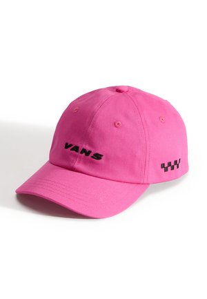 Pink cotton cap with black embroidered "VANS" logo on the front and a checkered pattern on the side. Curved brim and structured design.