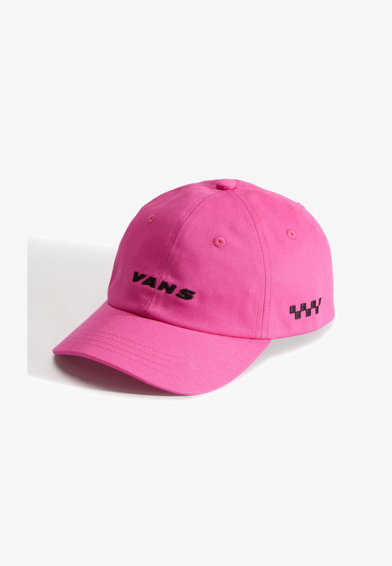 Casquette en coton rose avec logo "VANS" noir brodé à l'avant et motif à carreaux sur le côté. Visière incurvée et design structuré.