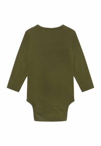 Olivovo zelený body s dlhým rukávom vyrobený z mäkkej bavlny, s jednoduchým dizajnom, okrúhlym výstrihom a patentkami na spodnej časti.