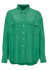 Chemise verte à manches longues avec col pointu et deux poches poitrine à rabat, réalisée en tissu lisse par OPUS.