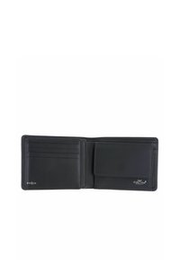 Portefeuille bifold en cuir noir avec plusieurs emplacements pour cartes à gauche et une poche à monnaie avec rabat à droite, comprend une étiquette de protection RFID.