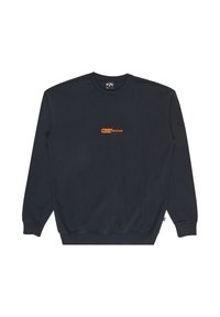 Sudadera negra de tejido suave con mangas largas, puños y bajo acanalados, que presenta un logotipo naranja en el pecho. Diseño simple y clásico.