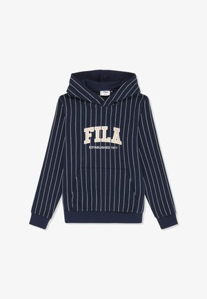 Mørkeblå hættetrøje med hvide lodrette striber, forlomme og "FILA Established 1911" logo i beige og hvid på brystet.