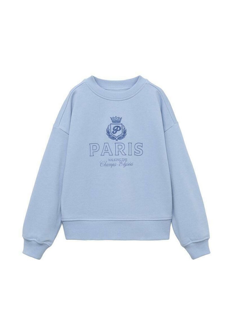 Ljusblå sweatshirt med rund halsringning, sänkta axlar och ribbade muddar. Har broderad text "PARIS" och kronlogotyp.