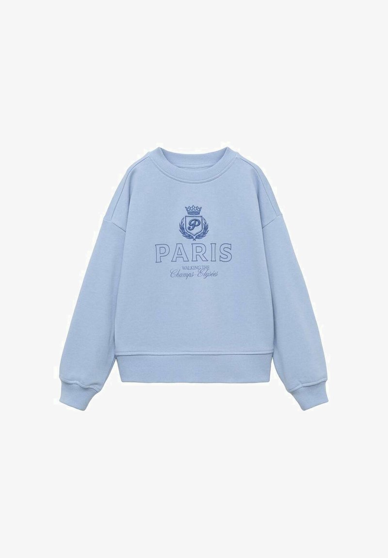 Svetlo modra trajna majica z okroglo ovratnikom, spuščeni rameni in rebrastimi manšeti. Ima izšito besedo "PARIZ" in logotip krone.