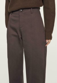 Brune, skræddersyede bukser med knaplukning, sidelommer og en glat overflade. Har rene linjer og en struktureret pasform.