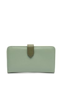 Green leather wallet with a smooth texture, rectangular shape, and a flap closure featuring a darker green accent. Stitching is visible along the edges.