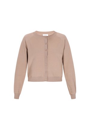 Cardigan bej deschis, cu gât rotund, mâneci lungi și închidere cu bănuți. Prezintă manșete și tiv cu dungi.