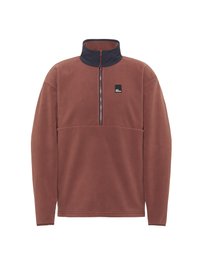 Pull en polaire marron avec un col haut et une fermeture éclair à l'avant. Bord de col bleu marine et empiècement sur la poitrine. Équipé d'un petit patch logo noir.