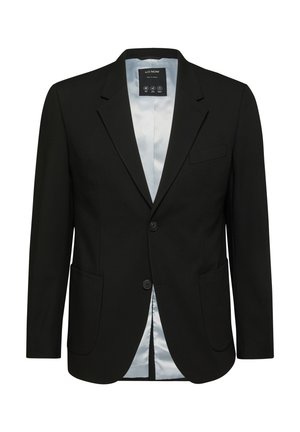 Zwart op maat gemaakt herenblazer met twee knopen, revers met inkeping, klepzakken en een lichtgrijze satijnen voering aan de binnenkant.