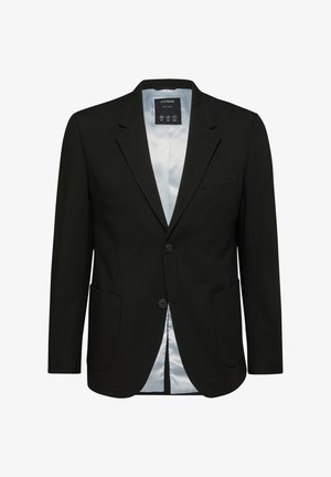 Zwart op maat gemaakt herenblazer met twee knopen, revers met inkeping, klepzakken en een lichtgrijze satijnen voering aan de binnenkant.