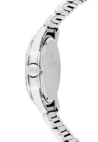 Montre en acier inoxydable argenté avec un boîtier rond, une lunette lisse, et un bracelet à maillons en métal. Accent notable en forme de perle sur la couronne.