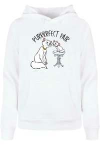Hvit hettegenser med grafikk av to tegneserie-katter, hvor en sitter på en sokkel, med teksten "PURRRFECT PAIR" over dem.