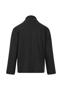 Schwarze Langarmjacke aus strukturiertem Stoff, mit Stehkragen und einem klaren, minimalistischen Design. Keine sichtbaren Verschlüsse oder Muster.