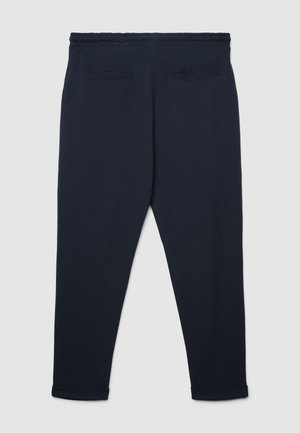 Pantaloni della tuta blu navy con vestibilità comoda, dotati di vita elasticizzata, due tasche posteriori e polsini risvoltati alle caviglie.