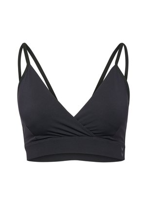 Schwarzes Bralette mit dünnen, doppelten Schulterträgern und tiefem V-Ausschnitt aus glattem Stoff.