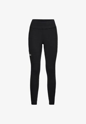 Zwarte legging van rekbare stof met een hoge tailleband, voorzien van zijzakken en een klein logo op het onderste gedeelte van het linkerbeen.