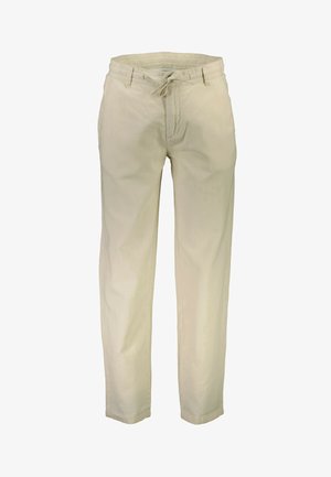 Beige Leinenhosen mit lockerer Passform, elastischem Bund und Kordelzugverschluss. Glatte Textur mit geraden Beinen und umgeschlagenen Säumen.