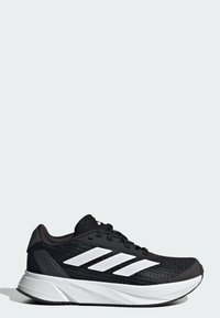 Scarpe sportive nere con tomaia in rete, caratterizzate da un design con tre strisce bianche, una suola imbottita e una finitura testurizzata.