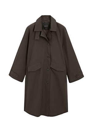 Manteau long marron avec un col, des boutons à l'avant et deux poches plaquées. Doté de manches larges et d'un tissu lisse et texturé.