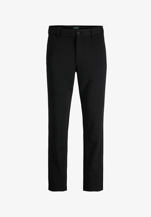 Svarte, slanke bukser med knappåpning og beltehemper, laget av Jack & Jones, vist mot en hvit bakgrunn.