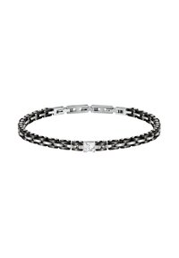 Bracciale in metallo con anelli intrecciati in toni di argento e nero, con una finitura liscia e un piccolo logo al centro.