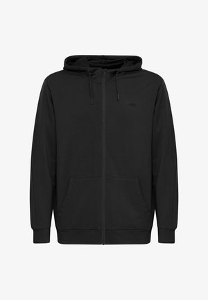 Juodas užtrauktukas su gobtuvu, pagamintas iš minkštos medžiagos. Yra kengūros stiliaus kišenė, raišteliai ant gobtuvo ir mažas logotipas ant krūtinės.