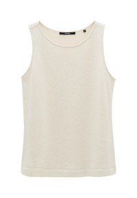 Canottiera beige chiaro con scollatura rotonda, design senza maniche e finitura morbida e tessurizzata. Orlo semplice e nessun accento o motivo visibile.