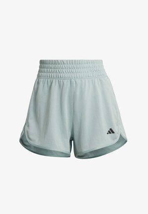 Pantalones cortos deportivos de color azul claro con cintura elástica, que presentan un diseño dividido y un pequeño logo negro en la parte inferior izquierda.