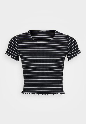 Čierno-biely pruhovaný, krátky rukáv, rebrovaný top s priliehavým strihom a vlnkovými akcentmi na rukávoch a leme.