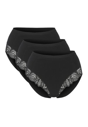 Tre sorte højtaljede trusser til kvinder med blonder langs benåbningerne, arrangeret i en forskudt stak.