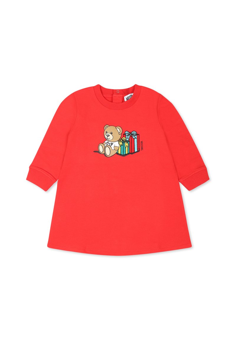 Abito in cotone rosso con maniche lunghe, impreziosito da una grafica di unOrsetto e regali colorati. Collo rotondo semplice e design dritto.
