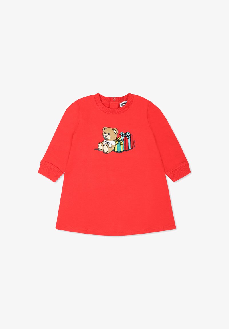 Abito in cotone rosso con maniche lunghe, impreziosito da una grafica di unOrsetto e regali colorati. Collo rotondo semplice e design dritto.