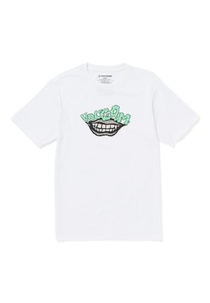 Camisa de algodón blanca con un gráfico negro y verde de una boca con texto arriba, mostrado de forma central en el frente. Mangas cortas.