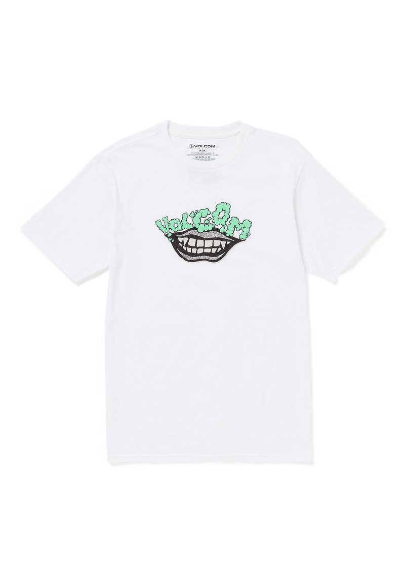 Camisa de algodón blanca con un gráfico negro y verde de una boca con texto arriba, mostrado de forma central en el frente. Mangas cortas.