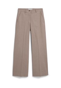 Beige wijdvallende broek gemaakt van een gestructureerde stof met een knoopsluiting en voorzakken. Heeft een op maat gemaakt ontwerp en strakke lijnen.