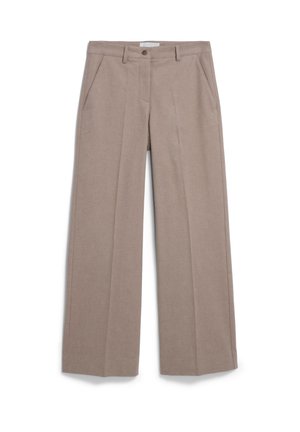 Beige weite Hosen aus einem strukturierten Stoff mit Knopfverschluss und frontalen Taschen. Sie verfügen über ein maßgeschneidertes Design und klare Linien.