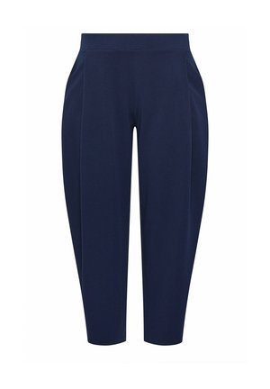 Pantaloni blu navy corti a vita alta, taglio dritto e pieghe frontali sottili, adatti sia per occasioni casual che formali.