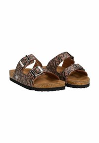 Bruine sandalen met patroon, voorzien van twee verstelbare zilveren gespen, een kurken voetbed en een zwarte rubberen zool. Plat ontwerp voor casual gebruik.