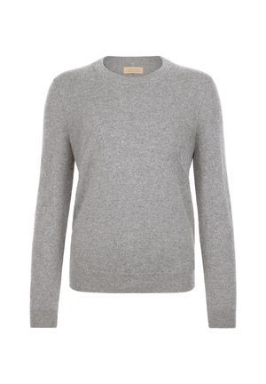 Lysegrå langærmet sweater med rund hals, finstrikket tekstur og ribbede ærmekanter og kant forneden.